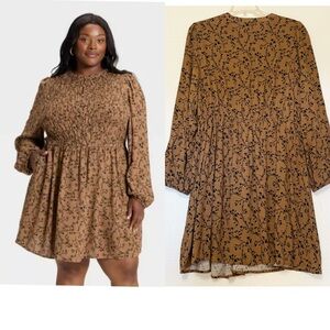 Bishop Long Sleeve Button-Up Smocked Mini Dress Ava & Viv™ Tan Floral